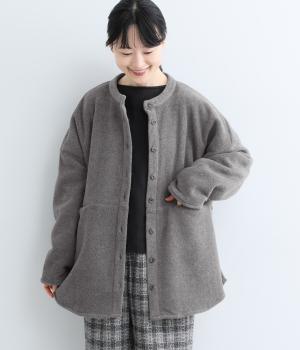 フェイクウール　バンドカラーシャツジャケット（グレー・F）