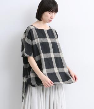 コットンリネンブロックチェック前後差プルオーバーブラウス(ブラック-F)