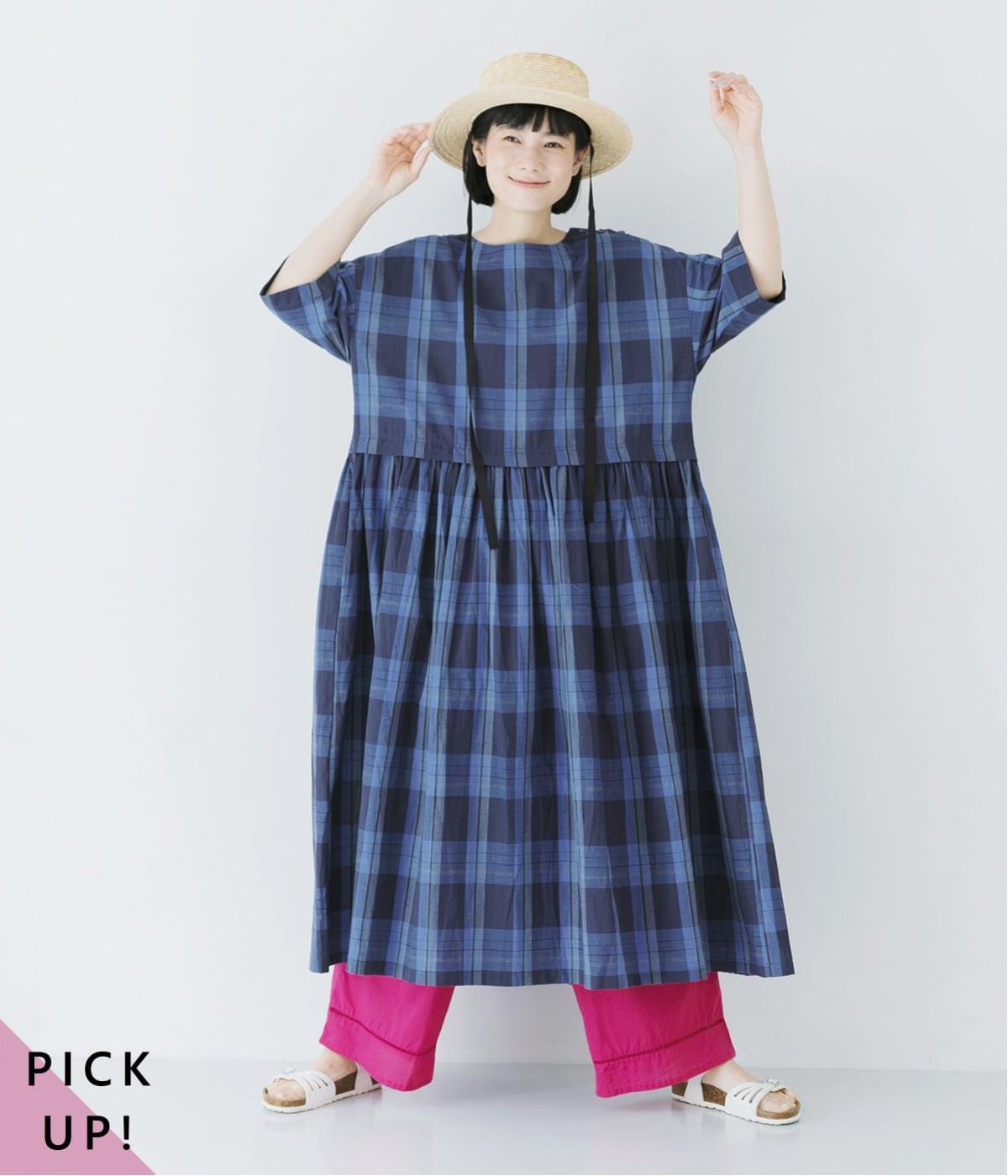 DELIYデリー★リネンオールインワン チェック 青紺ブルーネイビー 麻 爽やかブルーチェックコットンリネンワンピース｜D*g*y（ディージー