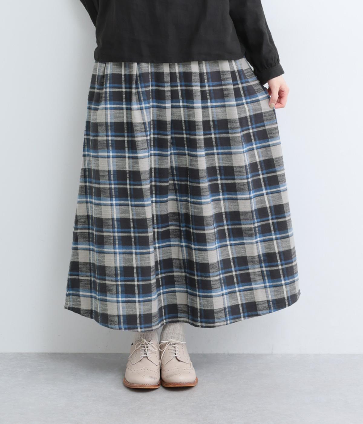 コットンスラブチェック起毛タックフレアスカート(グレーチェック-F)