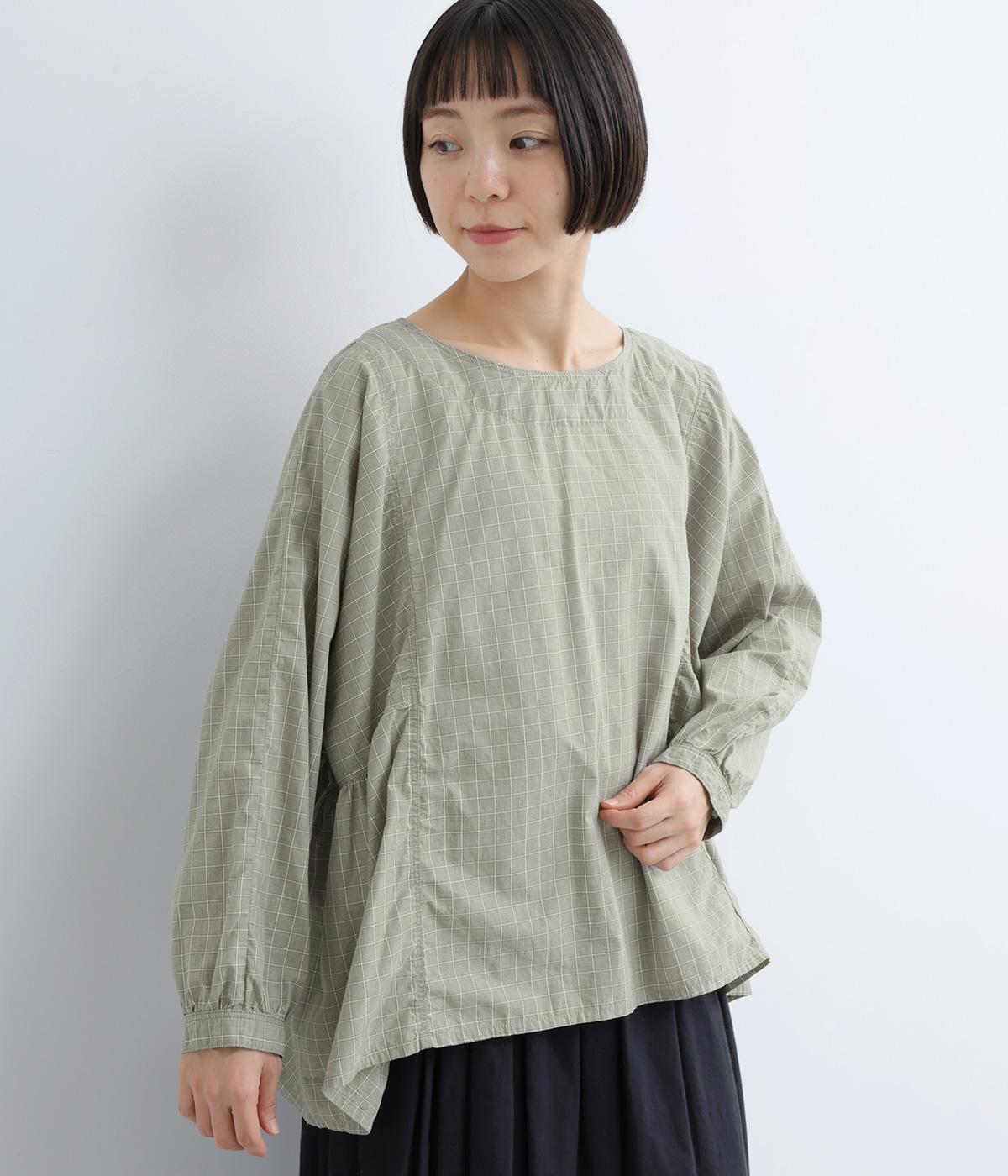 超長コットンタイプライターサイドギャザーロングシャツ(グレンチェック-2)