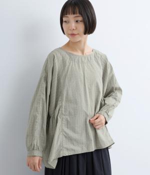 超長コットンタイプライターサイドギャザーロングシャツ(グレンチェック-2)