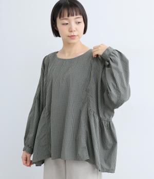 超長コットンタイプライターサイドギャザーロングシャツ(ギンガムチェック-2)