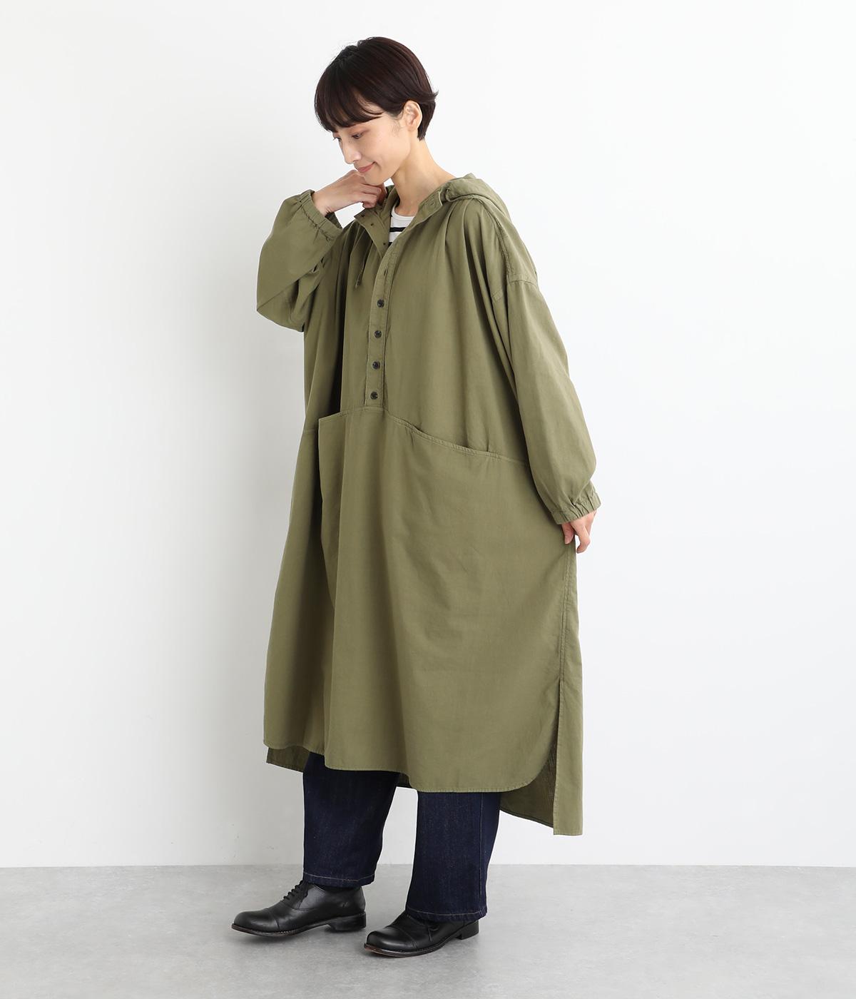 コットンシーツクロスフードワンピース(オリーブグリーン-F)