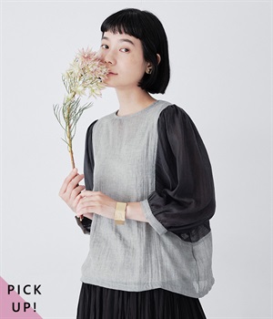 コットン混ガーゼシャンブレー無地　ブラウス(グレー-ONESIZE)