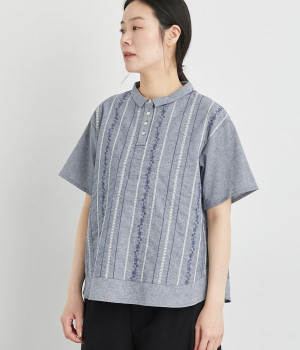 ダンガリー花ストライプ刺繍ブラウス(ネイビー-ONESIZE)