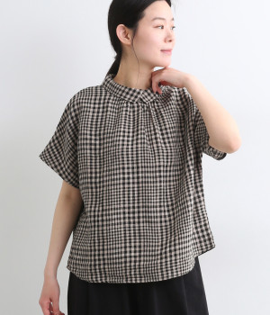 フレンチリネンチェックブラウス(ブラック-ONESIZE)