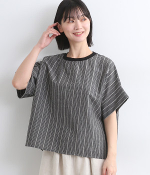 コットン混サッカーストライプブラウス(ブラック-ONESIZE)