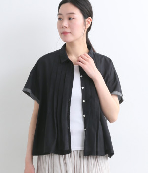 コットンシルクローンタックブラウス(ブラック-ONESIZE)