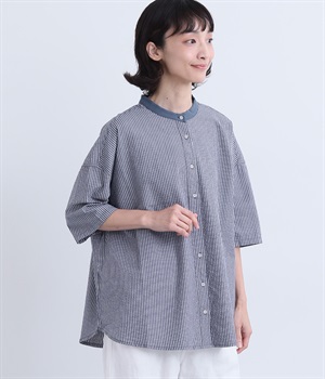 コットン混サッカーストライプブラウス(ネイビー-ONESIZE)