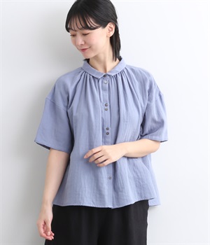 コットンガーゼ　ちび襟ブラウス(ブルーグレー-ONESIZE)