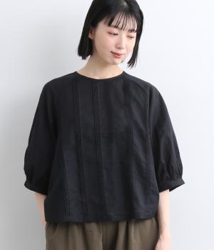 コットンリネンローン　ピンタックブラウス(ブラック-ONESIZE)