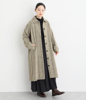ウール混ヘリンボーンチェックコート(グレー-F)