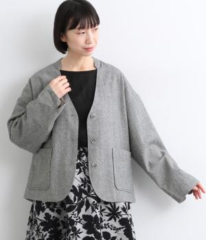 ツイード微起毛　ノーカラージャケット(グレー-F)