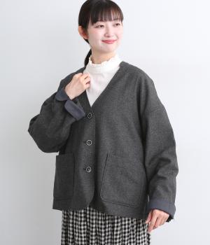 ツイード微起毛　ノーカラージャケット(ブラック-F)