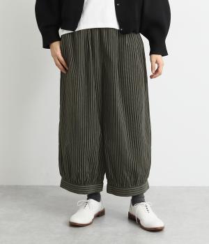 細コーデュロイストライププリントパンツ(カーキ-F)