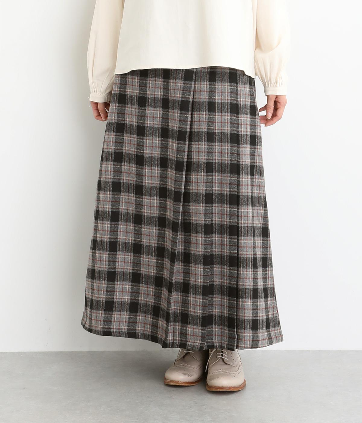 ウール混平織起毛　アシンメトリータックチェックスカート(グレー-F)