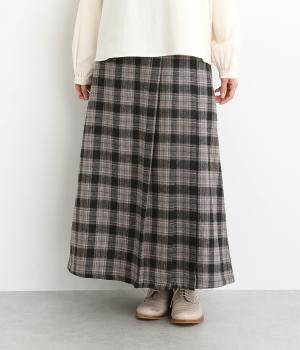 ウール混平織起毛　アシンメトリータックチェックスカート(グレー-F)