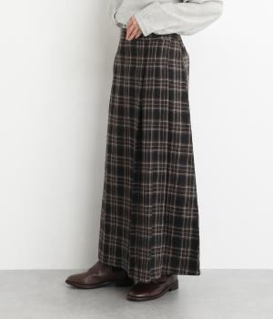 ウール混平織起毛　アシンメトリータックチェックスカート(ブラウン-F)