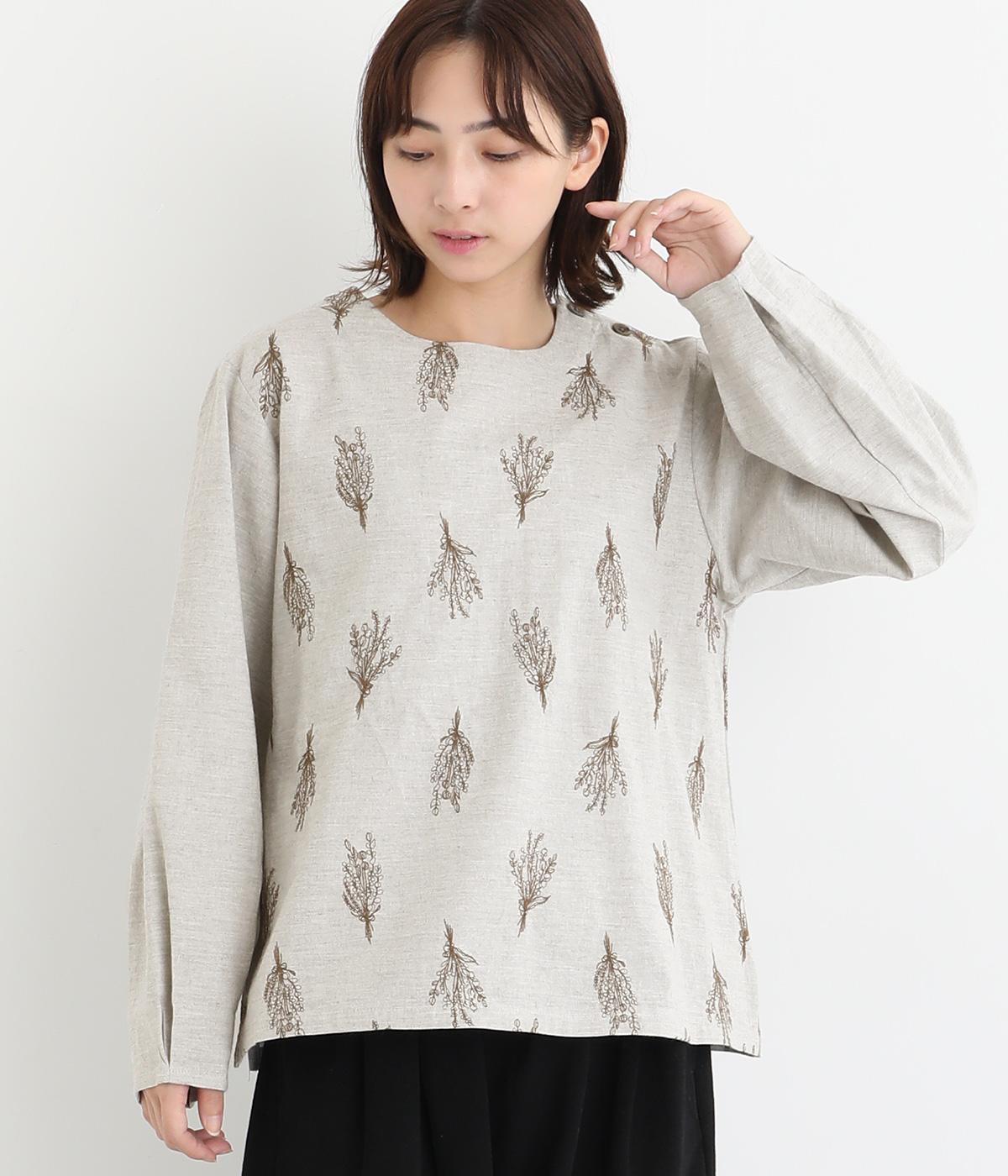 ダンガリードライフラワー刺繍袖タックブラウス(グレー-F)