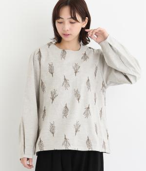 ダンガリードライフラワー刺繍袖タックブラウス(グレー-F)