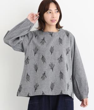 ダンガリードライフラワー刺繍袖タックブラウス(ブラック-F)