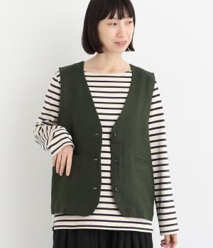 リネン平織ベスト(カーキ-F)