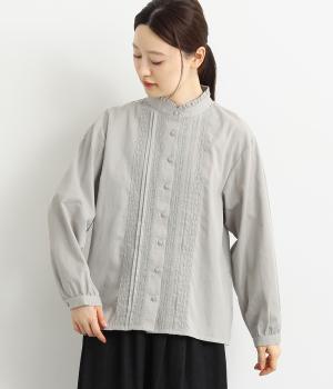 コットンソフトツイル レースタックブラウス(グレー-F)