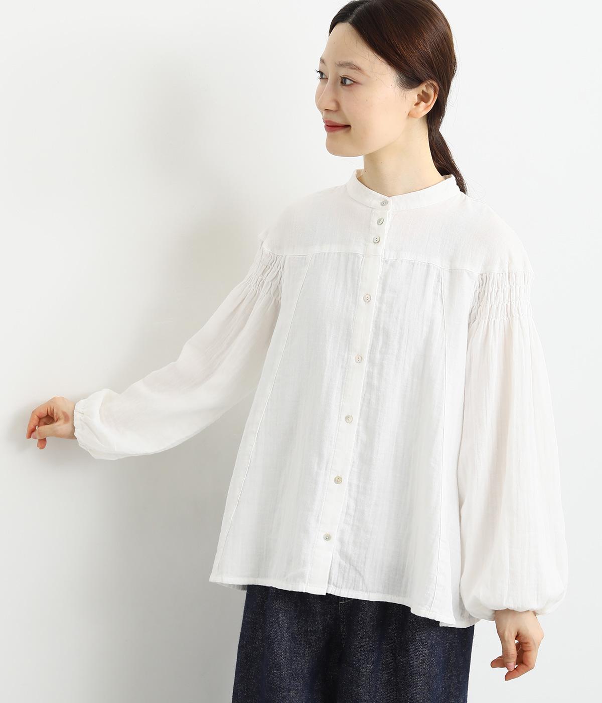 コットンガーゼ ギャザーブラウス(オフホワイト-F)