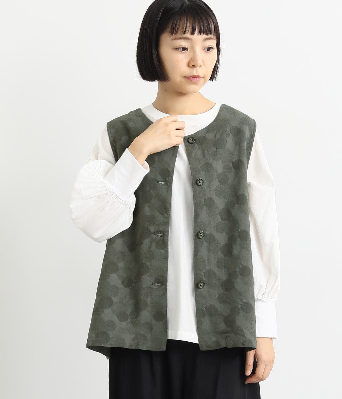 コットンレーヨン混ドットオリジナル生地ジャカード2wayベスト(カーキ-F)
