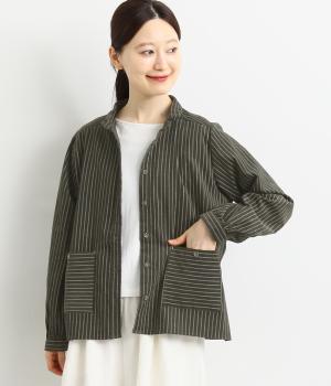 細コーデュロイストライププリントブラウス(カーキ-F)