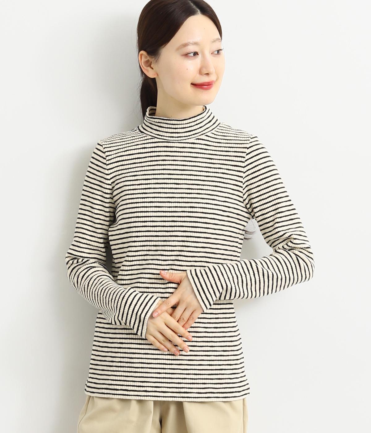 コットン混リブボーダーブラウス(アイボリー-F)