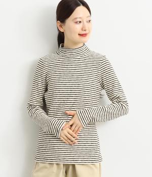 コットン混リブボーダーブラウス(アイボリー-F)