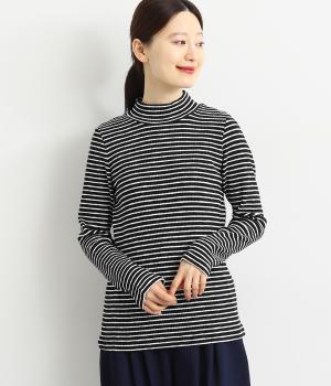 コットン混リブボーダーブラウス(ブラック-F)