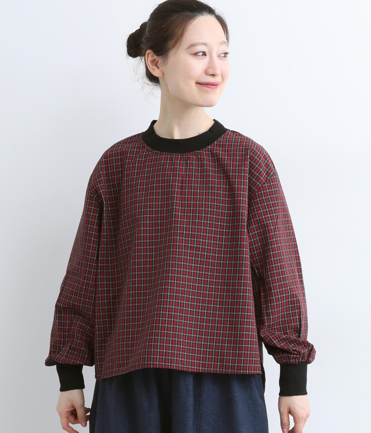 コットン混チェックブラウス(レッド-F)