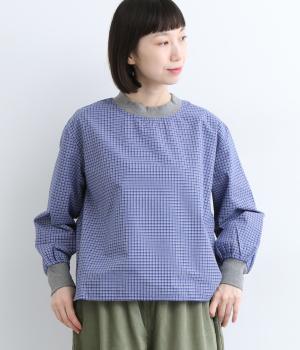コットン混チェックブラウス(ブルー-F)