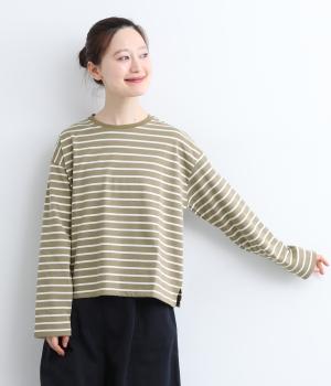 コットン混天竺ボーダーカットソーTシャツ(ベージュ-F)