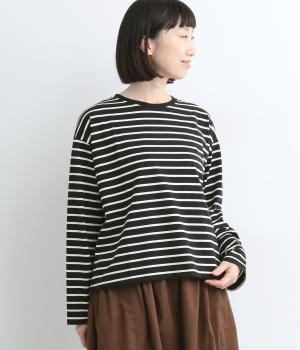 コットン混天竺ボーダーカットソーTシャツ(ブラック-F)