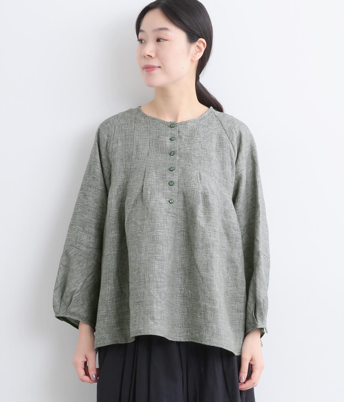リネン100％千鳥柄ブラウス(グリーン-F)
