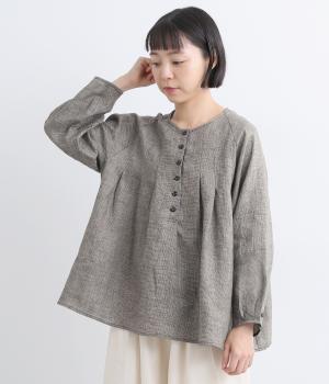 リネン100％千鳥柄ブラウス(ブラック-F)