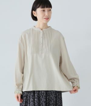 コットン綾織裏薄起毛　袖レースブラウス(アイボリー-F)