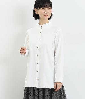 コットン綾織裏薄起毛　モックネックブラウス(オフホワイト-F)