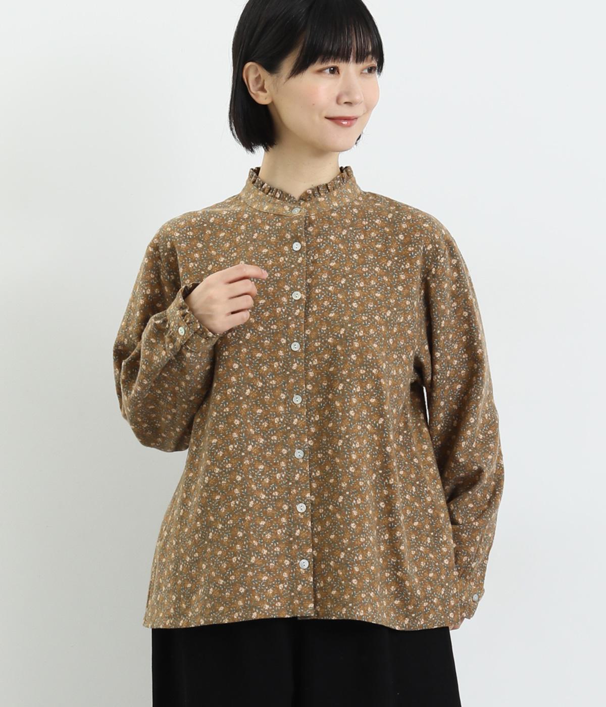 薄起毛花柄プリント　フリル襟ブラウス(キャメル-F)