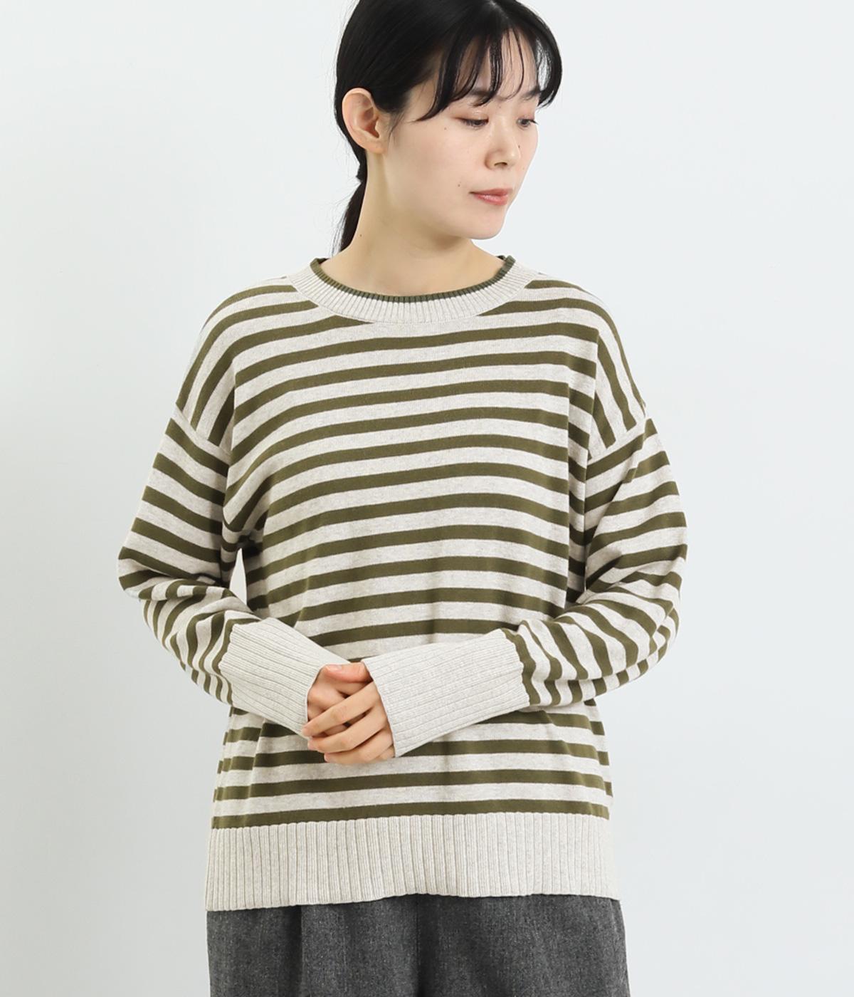 コットンボーダーニットプルオーバー(カーキ-F)