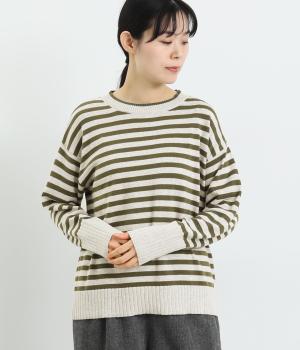 コットンボーダーニットプルオーバー(カーキ-F)