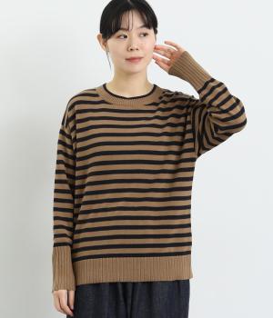 コットンボーダーニットプルオーバー(キャメル-F)