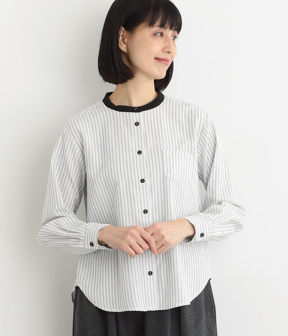 コットン混裏起毛ストライプ　クレリックブラウス(オフホワイト-F)