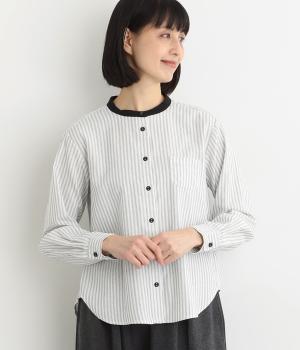 コットン混裏起毛ストライプ　クレリックブラウス(オフホワイト-F)