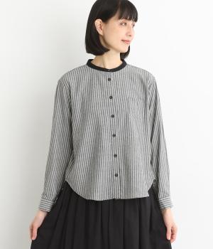 コットン混裏起毛ストライプ　クレリックブラウス(チャコール-F)