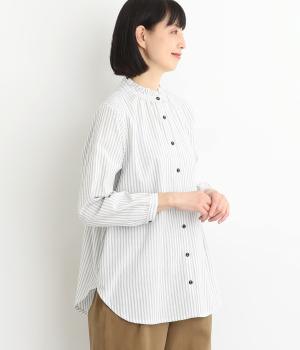 コットン混裏起毛ストライプ　フリル襟ブラウス